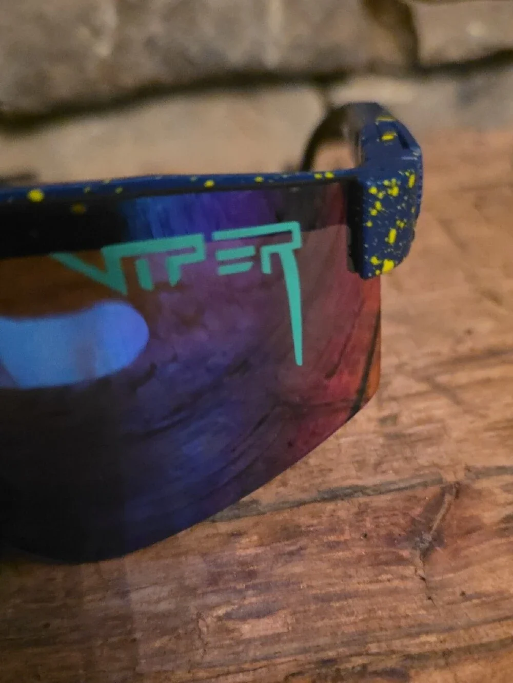 Pit Viper Blue Mirrored Shield Sunglasses with Yellow Splatter